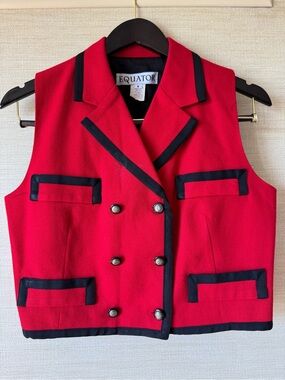 Equator Vintage 90s Red Double-Breasted Sleeveless Wool Blazer Military Vest 8